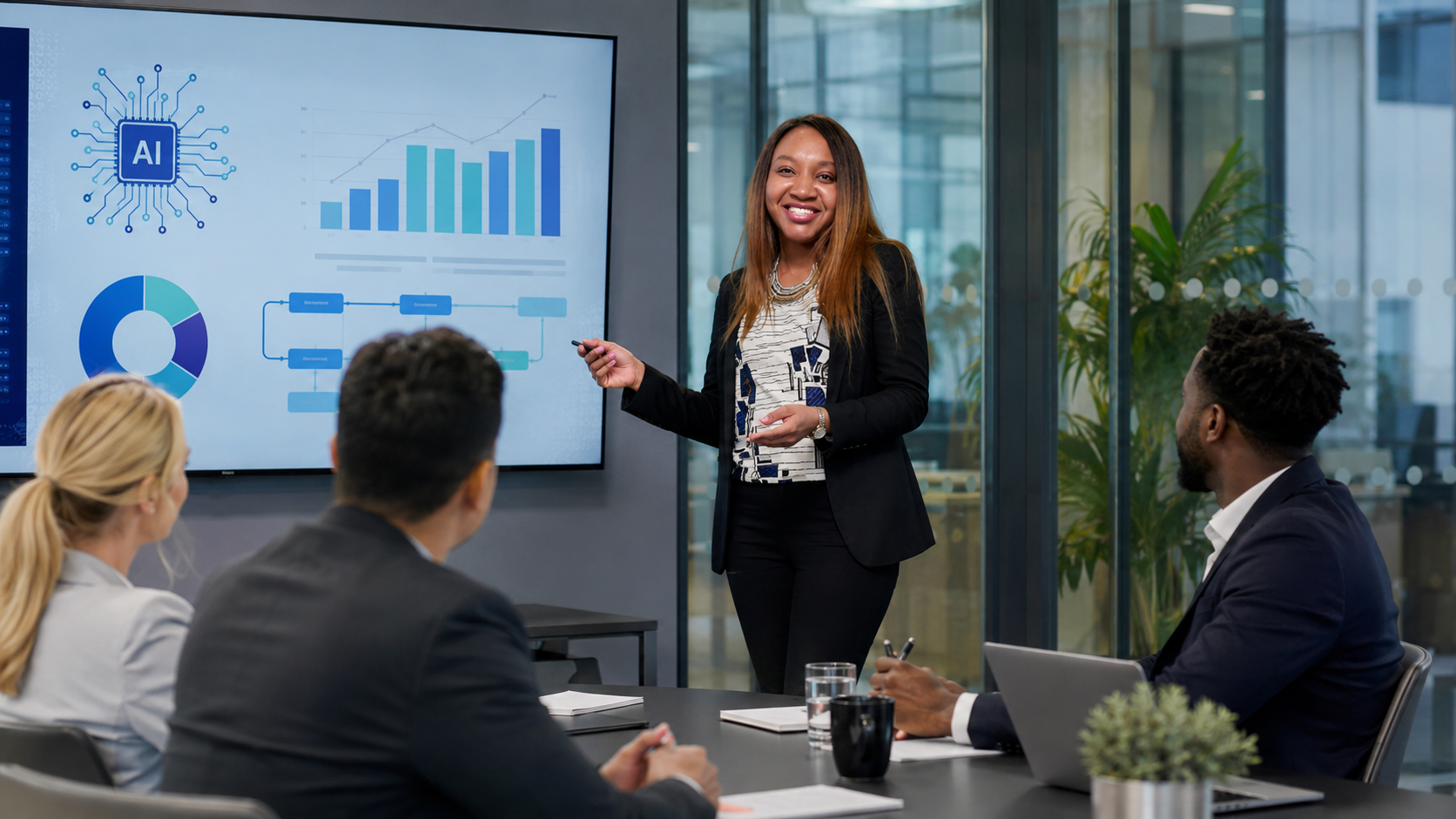 Professional woman presenting AI analytics to business team